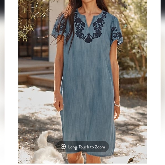 J Jill Embroidered Indigo Flutter-Sleeve Dress Size Large A-line Lyocell Denim - Picture 1 of 9